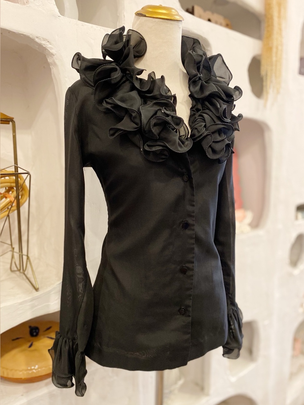 Extravagant Vintage Black Mesh Long Sleeve Button Up w/ Ruffled Collar & Sleeves - Picture 3 of 7